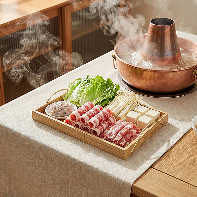 放置一些肉类蔬菜 背景有火锅的桌面上