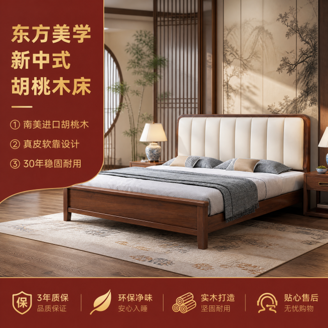 [单张主图] 东方美学国潮新中式胡桃木实木软靠床，高级氛围感主图，展示产品在真实国潮新中式卧室空间中的美感。
[画面主体] 保持胡桃木实木软靠床的角度、款式、物理结构、材质质感和颜色与输入产品图绝对一预览效果