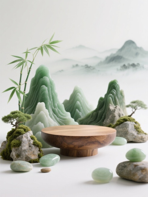新中式美学，特写的产品展示空场景图，居中突出一个木质圆形展台的特写镜头，展台周围是立体玉雕青绿山峦、青翠竹叶、苔藓、鹅卵石、浅绿色玉石，背景是淡墨晕染的远山云雾，整体色调柔和，低饱和莫兰迪色系（浅绿、预览效果
