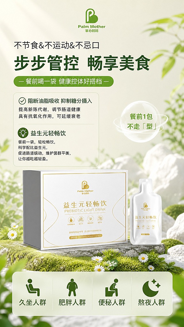 参考第一张海报的版式骨架、构图分区、字体层级和清新自然风格，为第二张图的「益生元轻畅饮」产品制作同款海报。

【产品锁死】益生元轻畅饮产品包装盒和袋装饮品100%还原上传商品图（图2）的外形、包装、LOGO、印刷文字、净含量，完整保留原图中的盒型、轮廓、结构、比例、标签版式、品牌logo「Palm Mother 掌心妈妈」、产品名称文字、材质质感、颜色与正面朝向，包装配色与产品结构均与上传图保持一致；设计仅作用于背景、光影、道具、版式和文字区。

【版式复刻】参考图1的版式骨架：顶部主标题区 + 中部产品展示区 + 卖点信息卡片 + 底部适用人群图标带，各分区相对位置与面积比例保持一致；左右分栏结构，右侧人物/产品主体，左侧文字信息。

【色调体系】清新自然的浅绿米白渐变背景，绿色为主色调，搭配米白、浅金色点缀，整体温和健康、干净通透，与营养滋补饮品调性匹配。

【画面分区内容】
1. 顶部主标题区：大字主标题「不节食&不运动&不忌口」，下方更大字号主标题「步步管控 畅享美食」，绿色胶囊形标签内文字「餐前喝一袋 健康控体好搭档」
2. 卖点文字区：四行黑色文字「阻断油脂吸收 抑制糖分摄入」「提高新陈代谢，调节肠道健康」「具有抗氧化作用，可延缓衰老」，右侧圆形透明气泡内文字「餐前1包 不走「型」」
3. 产品展示区：画面中下部，益生元轻畅饮包装盒（左侧）+ 袋装饮品（右侧）组合陈列，放置在有绿色苔藓和小雏菊的自然场景台面上，背景有柔和的白色山石和绿植虚化效果
4. 底部适用人群带：圆角浅绿色横条卡片，内有四个图标加文字，从左到右依次为：坐姿小人图标+「久坐人群」、站立胖人图标+「肥胖人群」、马桶坐姿图标+「便秘人群」、月亮星星图标+「熬夜人群」
5. 顶部品牌区：「Palm Mother 掌心妈妈」品牌logo位于画面最上方居中

【氛围与光影】顶部自然光 + 侧前方柔光，柔和浅淡阴影，整体清新自然、健康温和、通透干净，有轻微景深效果，前景有虚化绿叶点缀。

【硬约束】画面中所有信息区域、卖点卡片、人群标签区必须填充完整合理的内容，不得出现空白框、空白占位、空列表项；画面中所有数字必须精确渲染，不得错位、遗漏或编造；版式精美，文字清晰可读，四周留足安全边距。