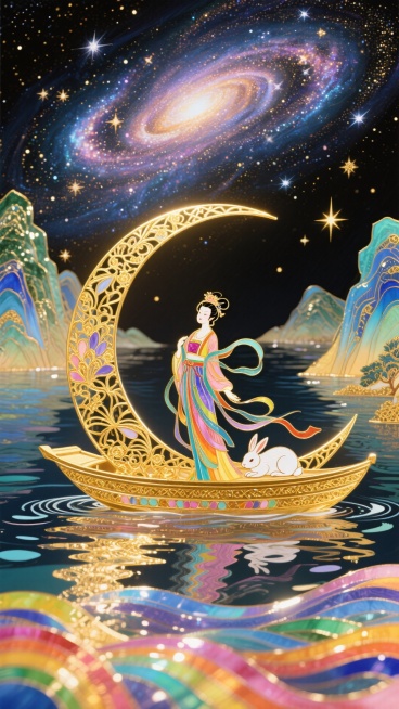非遗珐琅工艺风格，画面上方是灿烂的宇宙星河，画面下方是五彩斑斓的江水，江水两岸是山峦，江水中间是一弯月亮船，月亮船上有仙气飘飘的嫦娥，嫦娥在整体画面的中心，玉兔在月亮船上安稳得睡着，整体是金灿灿的暖色预览效果