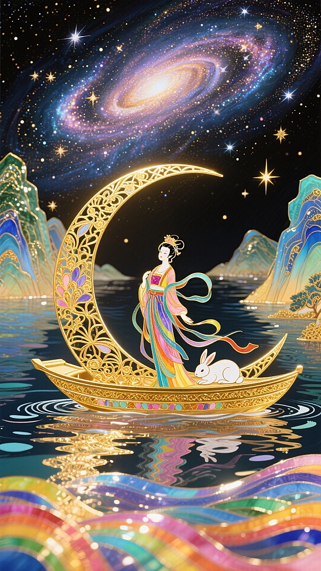 非遗珐琅工艺风格，画面上方是灿烂的宇宙星河，画面下方是五彩斑斓的江水，江水两岸是山峦，江水中间是一弯月亮船，月亮船上有仙气飘飘的嫦娥，嫦娥在整体画面的中心，玉兔在月亮船上安稳得睡着，整体是金灿灿的暖色调