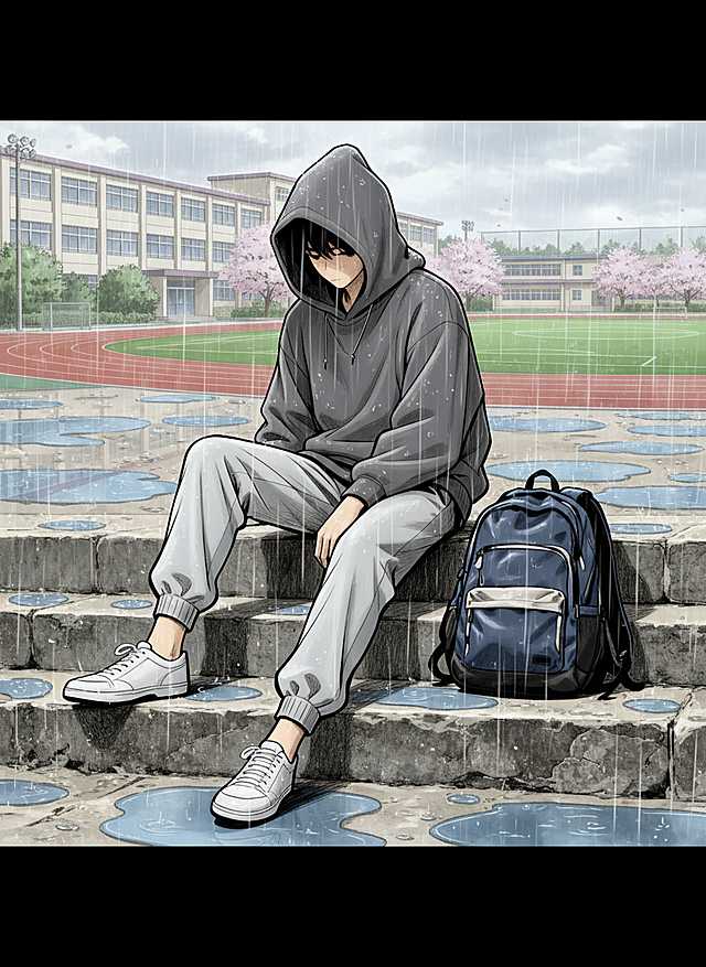 将线稿优化，并变为日漫风格并进行上色，增加校园氛围的背景，下雨天