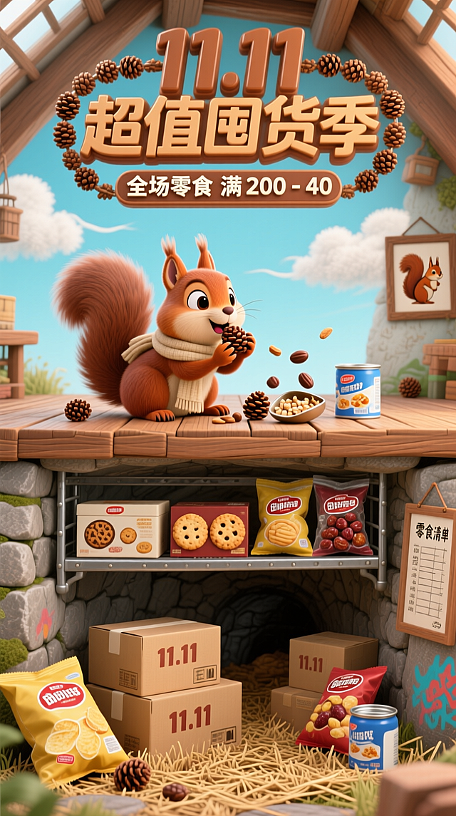 画面聚焦 “复古阁楼 + 地下地窖” 场景，上半部分 2/3 为浅蓝天空（飘着几缕毛绒质感的云），3D 主标题 “11.11 超值囤货季” 用焦糖色立体字体，副标 “全场零食 满 200-40” 以松果串成的线条环绕；主视觉是拟人化的棕松鼠 —— 戴米色小围巾，趴在阁楼的木质地板上，爪子正往嘴里塞松果形状的巧克力，身边散落着打开的酸奶疙瘩罐。下半部分是 “石砌地下地窖”（2 层横截面）：上层用金属架分层，码着盒装曲奇、袋装果脯，每款零食包装都有凸起的 3D 质感；下层地面铺着干草，满满的快递盒（印着“11.11” 字样），还有几个揉皱的薯片袋、空的牛奶糖罐，地窖墙壁上挂着松鼠画的 “零食清单” 涂鸦。