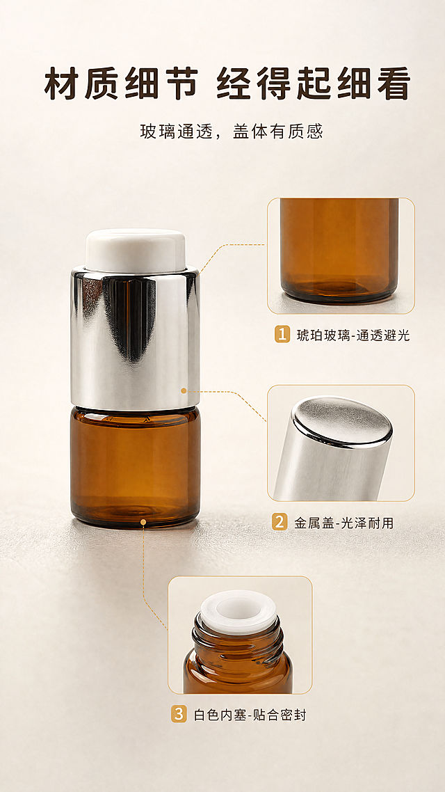 [商品] 使用【图6】同一款棕色小容量玻璃精油瓶特写（完整组装款）：保留琥珀棕玻璃瓶身、银色金属质感瓶盖、白色内塞、圆柱矮胖瓶身和螺纹瓶口；瓶身无文字无Logo，不得新增标签；不改变瓶身形状、颜色和瓶盖结构。
[画面] 页面目标=材质微距与细节信任，展示玻璃通透度、金属盖光泽和内塞密封；构图=产品大图居中偏上，周围2-3个放大局部小窗：玻璃瓶壁通透质感、瓶盖镜面光泽、白色内塞贴合瓶口；产品占画面65%；景别=微距特写；背景=浅灰米色极简渐变；阅读动线=顶部标题→产品全貌→四周细节浮窗。
[视觉] 套系策略：风格=自然极简高端生活感商业摄影；标题字=现代圆润黑体；正文字=简洁无衬线体；主色=琥珀棕；背景延展=暖米色、浅沙色与细腻纸感肌理的深浅渐变；强调色=暖金色，仅用于引线和细节标注；标题色=深咖棕；正文色=暖灰棕；组件=圆角浅米浮窗、细线引线；光影=柔和商业棚拍光，突出玻璃与金属质感。
[文字] 主标题“材质细节 经得起细看”，副标题“玻璃通透，盖体有质感”；细节标注3条：琥珀玻璃-通透避光、金属盖-光泽耐用、白色内塞-贴合密封；全部横向排版，浮窗文字清晰可读。
[规格] 9:16竖版，1080x1920，4K，medium；负向提示：禁止竖排或旋转文字、错字、变形、瓶盖结构改变、冷蓝或冷灰背景、平台logo、水印、虚构标签。