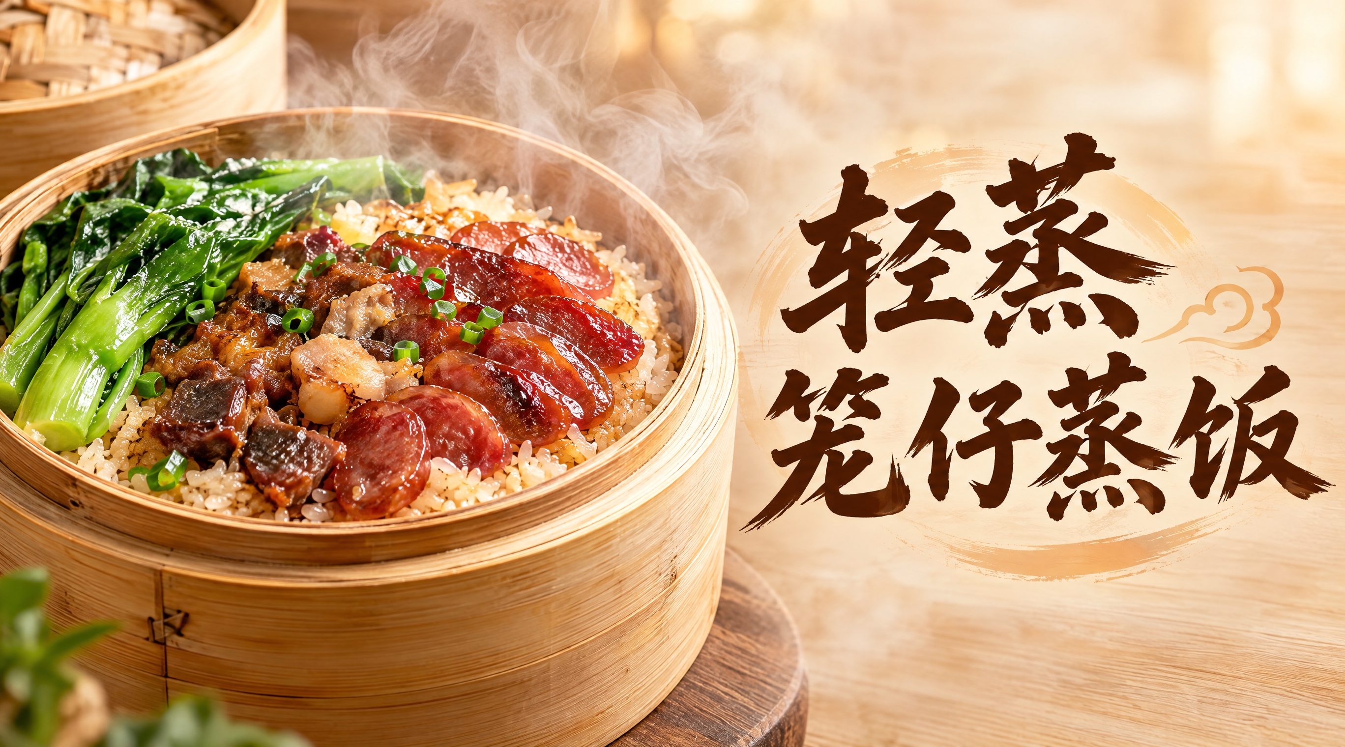 餐饮店铺店招设计，店名"轻蒸笼仔蒸饭"，横版构图，画面左侧是一… - 图片创意预览