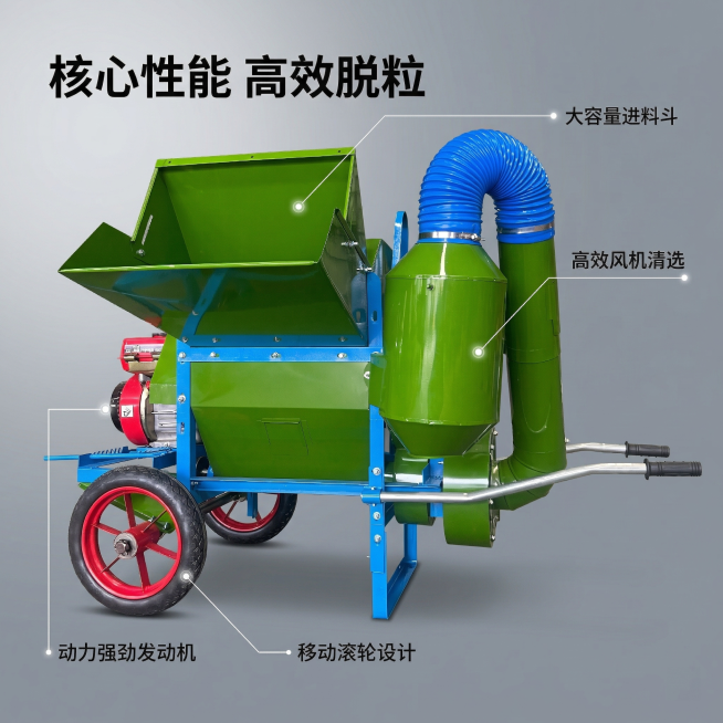 [主图 2] 核心卖点展示
[主图主题]脱粒机核心性能卖点展示
[氛围/风格]专业工业科技风，清晰硬光，突出结构性能
[画面元素]原脱龄机产品居中展示，使用极细科技感引线连接产品各核心部位标注功能，引预览效果
