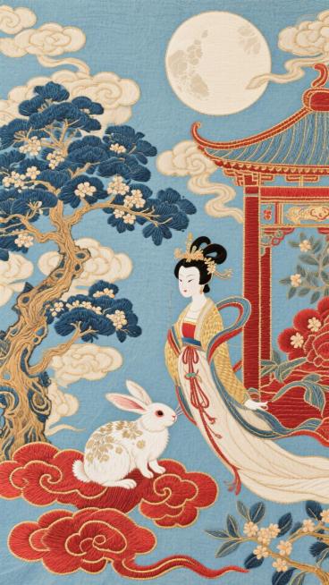 一幅嫦娥玉兔在月宫的场景，灵感来源于中国皮影戏。整个图像由在动物皮革上雕刻的复杂镂空图案构成。人物是关节式肢体的优雅剪影。场景为背光，产生强烈的对比和戏剧性的光影，在幕布上投下彩色阴影。风格化的云彩和预览效果
