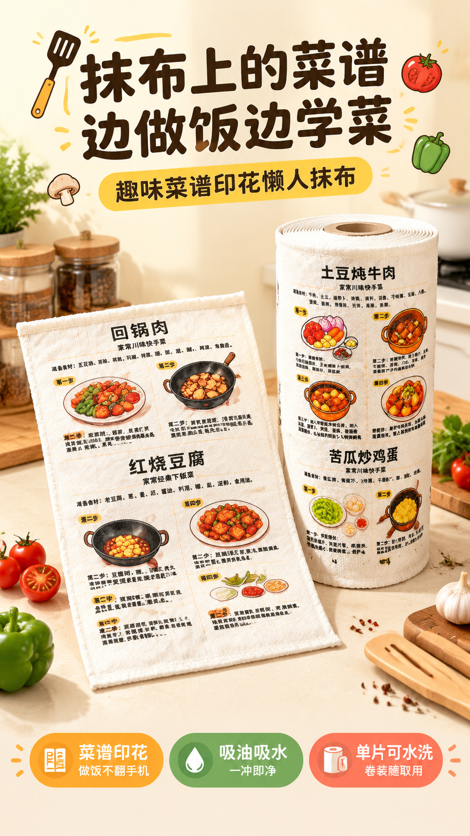 [第1张] 详情页头图-趣味菜谱印花懒人抹布系列全家福海报。本… - 图片创意预览