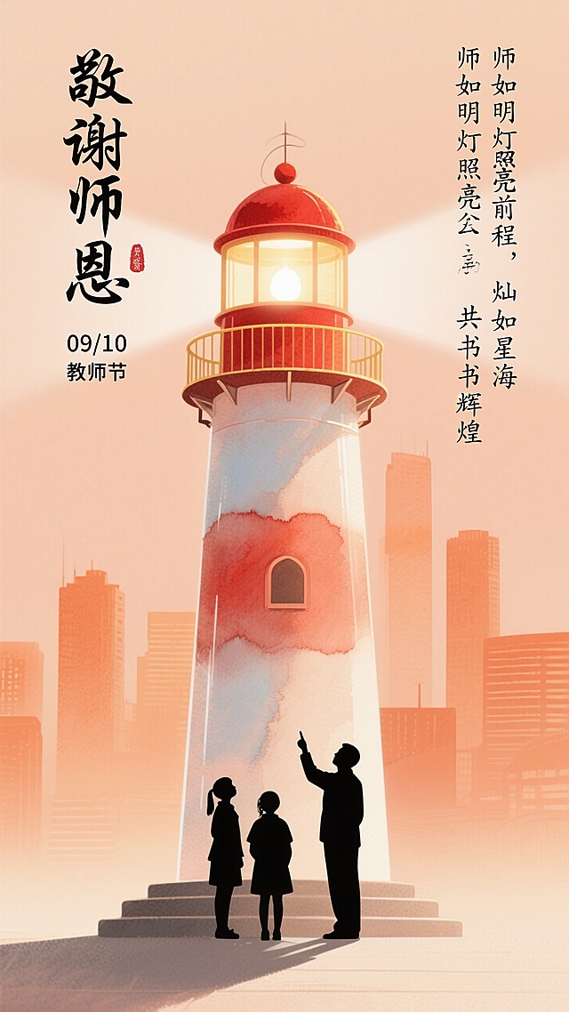 温馨插画风，剪影人物与灯塔，象征教师节的指引与温暖。