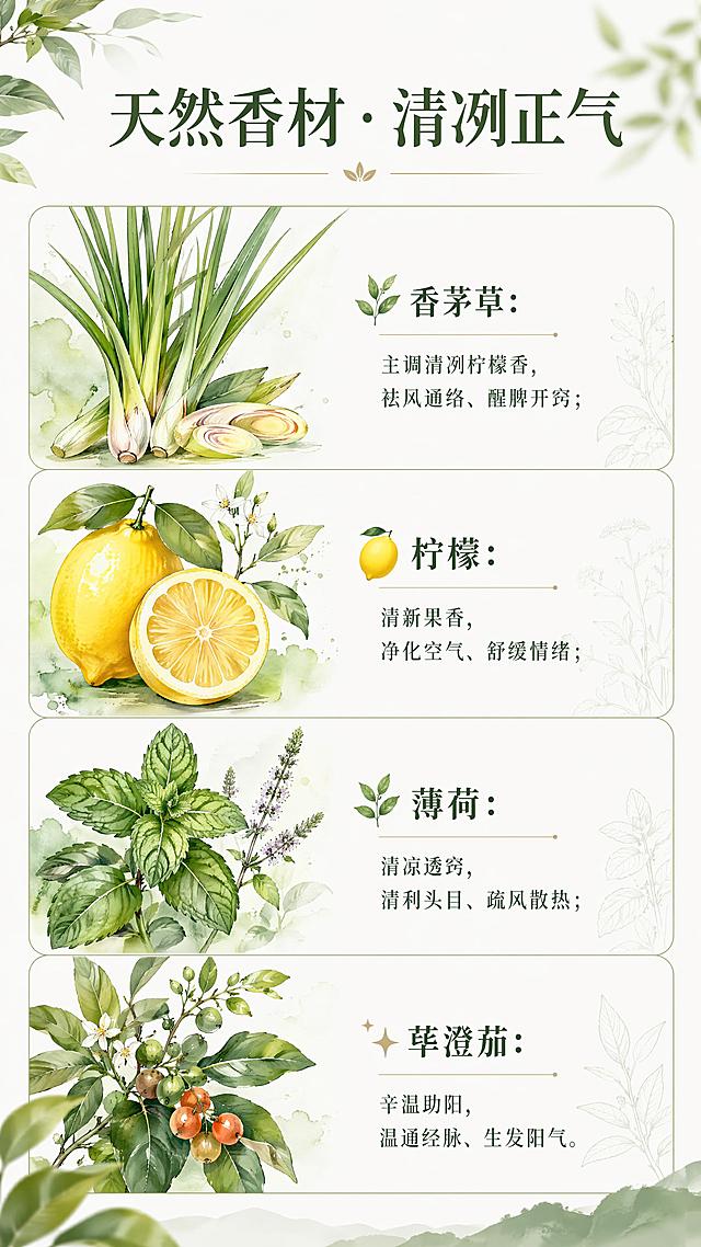 [第3屏] 天然香材成分解析页-展示四种核心香材功效。本屏不需要产品图，为成分展示专页。
[氛围/风格] 清新自然植物风，干净通透，手绘植物质感，清新雅致。
[元素布局] 顶部大标题，下方分为四个网格区域，每个区域放置对应香材的植物插画，旁边标注香材名称和功效描述。四种成分均匀分布，每个成分占比均等，核心植物元素放大占主视觉。
[光影质感] 整体明亮自然光线，每个区域光影均匀，色彩干净清新。
[配色色系] 全局底色 #F8FBF9，主色为不同层次的植物绿色，辅助色木色插画线条、深绿色文字。
[视角构图] 从上到下，四格网格排版，信息清晰易读。
[文字版式] 主标题「天然香材・清冽正气」。四个香材分别为：🌿香茅草：主调清冽柠檬香，祛风通络、醒脾开窍；🍋柠檬：清新果香，净化空气、舒缓情绪；🌿薄荷：清凉透窍，清利头目、疏风散热；✨荜澄茄：辛温助阳，温通经脉、生发阳气。每个香材名称加粗，功效小字标注，排版清晰。
[比例分辨率] 9:16 竖版比例，4K分辨率，高清画质。
[负向提示词] 文字错乱，文字过小，图案变形，水印，背景杂乱。