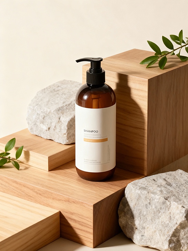 性冷淡风与木雕风融合，简约主义几何构图，自然石块与绿植点缀，营造清新质朴的实景感，传递舒适柔和的极简美学。