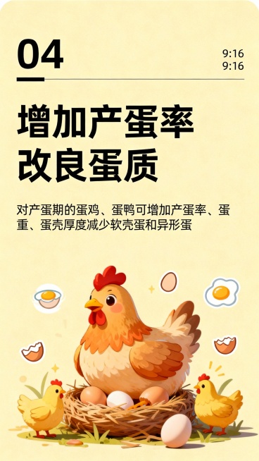 04（靠左）
横线
增加产蛋率
改良蛋质
（ 小小字写）对产蛋期的蛋鸡、蛋鸭可增加产蛋率、蛋重、蛋壳厚度减少软壳蛋和异形蛋
这里配一张蛋鸡的跟文案搭配的图案

做4张750*1500的图片，背景用纯色预览效果