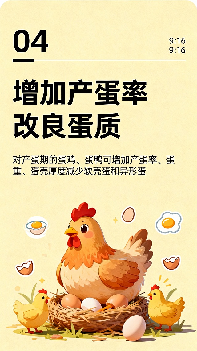 04（靠左）
横线
增加产蛋率
改良蛋质
（ 小小字写）对产蛋期的蛋鸡、蛋鸭可增加产蛋率、蛋重、蛋壳厚度减少软壳蛋和异形蛋
这里配一张蛋鸡的跟文案搭配的图案

做4张750*1500的图片，背景用纯色