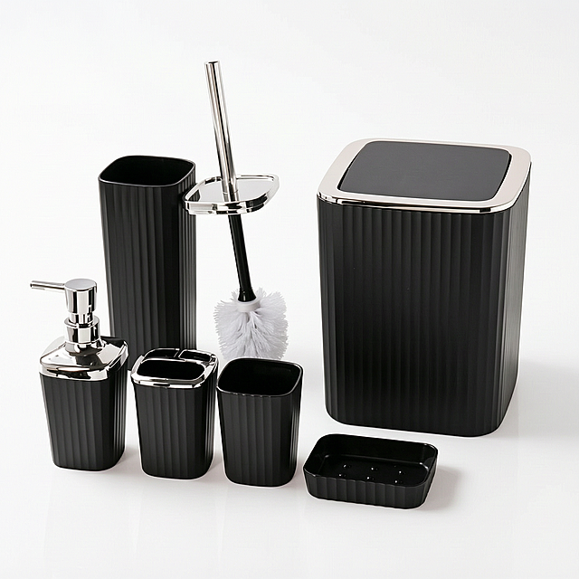 [Main Image 1] Bathroom Accessories 6-Piece Set首图；
[Atmosphere Style] Clean and minimalist modern bathroom style;
[Image Quality] Commercial photography texture, soft and transparent light, clear and real product, clean and advanced picture.
[Elements] 6 pieces of black vertical striped bathroom accessories neatly placed in the center on a pure white #FFFFFF background. The complete set includes liquid soap dispenser, toothbrush holder, tooth cup, toilet brush set, trash can, soap dish. Keep the appearance (physical structure, material texture, color) of the product absolutely consistent with the input product image, eliminate any deformation and color difference, fine processing. The product主体占比严格控制在 85% 以上, full screen without border.
[Light and Shadow] Soft studio soft light, main light from the front, evenly illuminate the product, the outline is clear, the texture of the vertical stripe is highlighted, no harsh shadow, high transparency.
[Color Matching] Main color matte black, auxiliary color bright silver chrome, background pure white.
[Perspective Composition] Head-up overlooking, product as the center of vision, clear focus, complete product contour not cut.
[Text Layout] No marketing text and additional logo, in line with cross-border platform compliance requirements.
[Proportion Resolution] 1:1 proportion, 2K resolution, super high definition.
[Negative Prompt] Deformation, watermark, text disorder, blurred product picture, cluttered background.