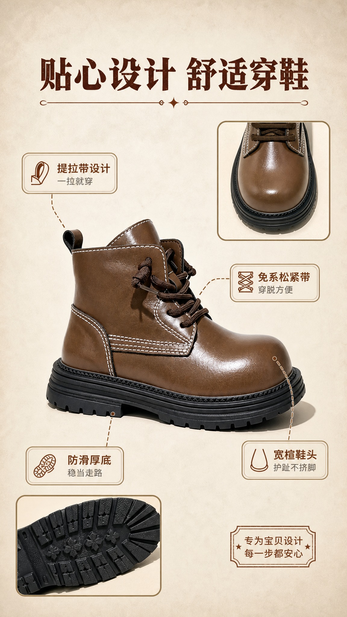 [商品] 使用【图2】棕色儿童马丁靴；保留高帮系带设计、厚底防… - 图片创意预览