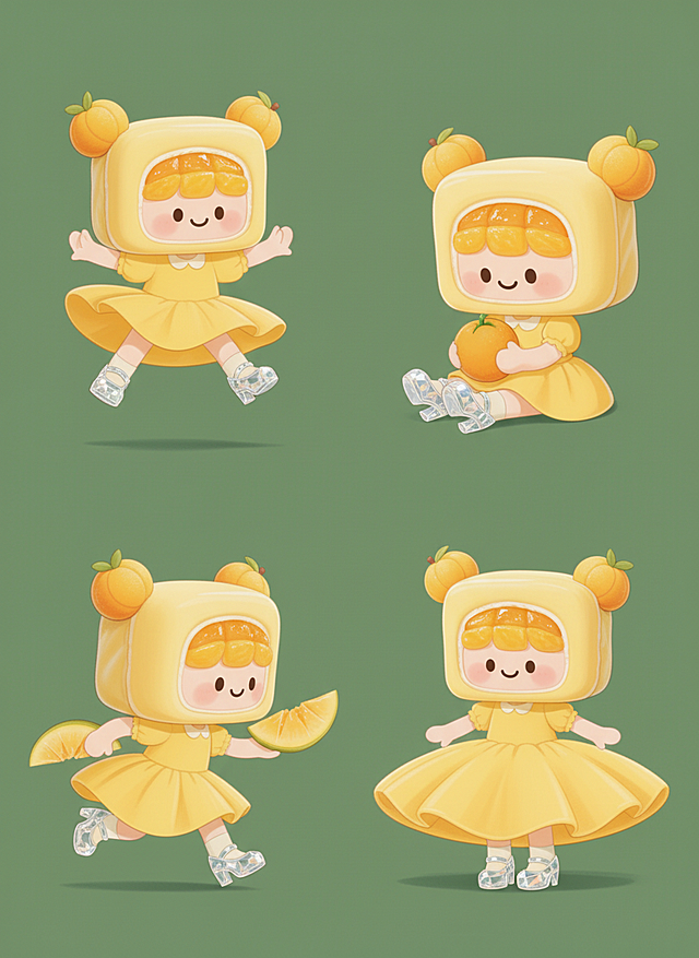 参考图片的形象做四个动态延展，四个不同动态的形象规整排布，动作灵动