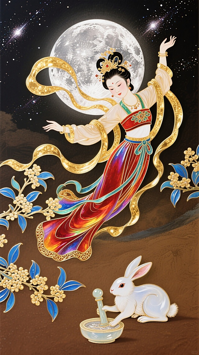 唐卡风格，一个20岁身着唐制汉服的女子作飞天姿势，金色飘带装饰，头饰为唐朝传统女性风格。身旁有一只玉兔拿着玉杵跪地捣药，玉兔脚底下为土地。背景是银色满月、银河、几根桂花树枝，整体色调以蓝、金、红为主。
