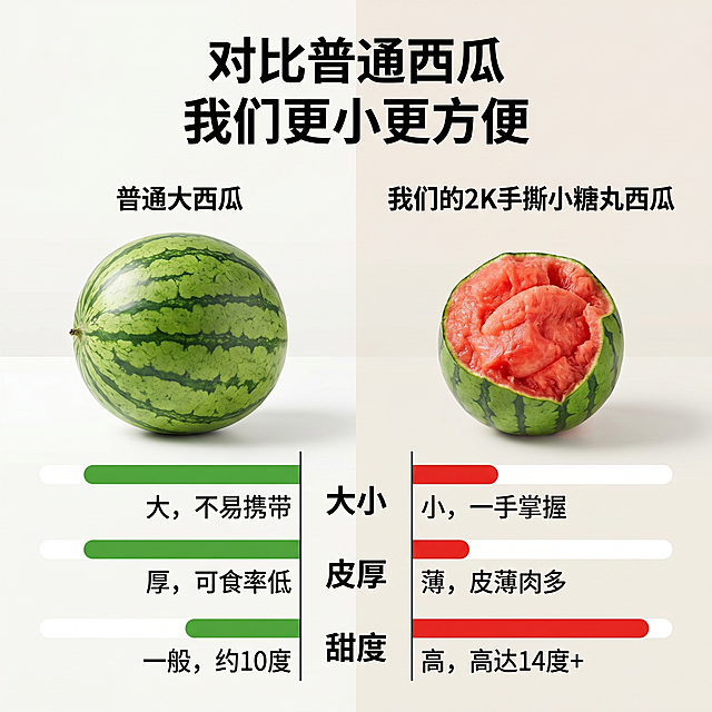 [主图-10] 2K手撕小糖丸西瓜参数对比图。氛围风格：硬核对比，清晰直观，拼多多性价比风格。画质：商业摄影质感，清晰干净，文字易读。元素：左侧展示普通大西瓜，右侧展示我们的小糖丸西瓜，横向对比大小、皮厚、甜度三个维度，用条形图直观展示优势。保留小糖丸西瓜外观和原图一致。主体内容占比约70%，满屏无边框。光影：均匀柔光，文字和对比数据清晰可读。配色：浅色背景，绿色和红色区分数据，清晰对比。视角构图：平视，两果并列对比，数据展示清晰。文字版式：顶部标题“对比普通西瓜 我们更小更方便”，表格区域横向对比大小、皮厚、甜度，文字清晰不遮挡产品。比例分辨率：1:1比例，2k分辨率，文字清晰可辨，超高清。负向提示词：变形，水印，文字错乱，产品模糊，背景杂乱，色差，夸张过度，遮挡主体。