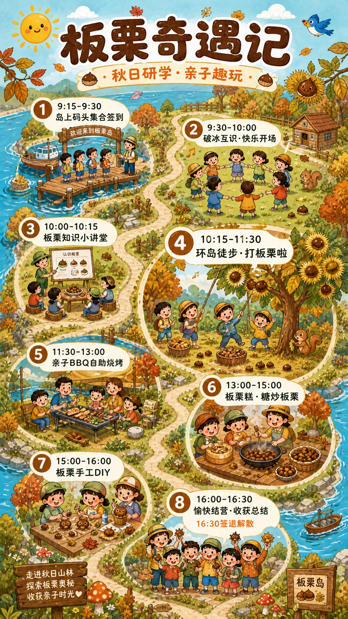 一张竖版9:16的板栗主题亲子研学活动地图海报，可爱手绘插画风… - 图片创意预览