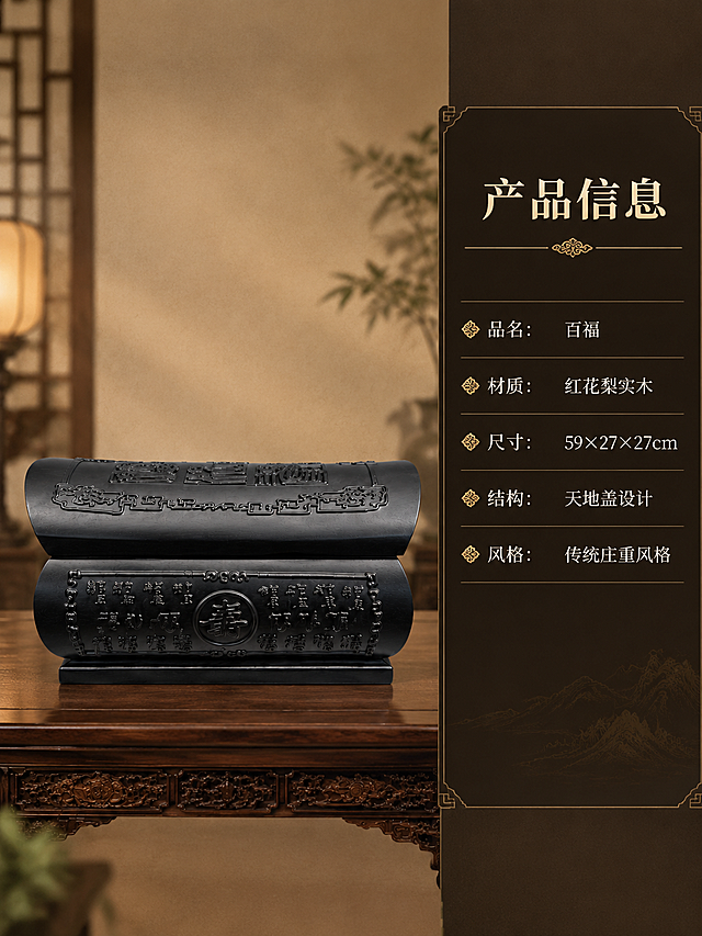 [商品] 使用【图6】百福红花梨实木骨灰盒正面角度；严格保留原图的深黑色实木颜色、正面福字浮雕、百福雕刻纹样、棺形轮廓、天地盖结构、底座；商品处理：颜色必须与原图一致，为深黑色实木，不得偏红、偏棕、偏褐色；增强雕刻细节清晰度，强化实木质感，严禁改变产品颜色。
[画面] 目标：产品参数规格页，清晰展示产品信息。构图：左图右文，产品占左侧约50%，右侧信息卡占50%。景别：中景，正面完整展示。前中后景：左侧产品置于实木台面上，背景简洁虚化；右侧为深色信息卡区域。场景：简洁中式背景，暖光均匀打亮，突出产品与信息的清晰可读。
[视觉] 套系策略：风格=新中式传统庄重商业摄影；标题字=宋体/衬线粗体，端庄大气；正文字=简洁宋体/细黑体，易读；主色=深黑实木+暖米黄；背景延展=基于暖米黄做深浅层级、同色渐变、宣纸质感墙面；强调色=暗金色，仅用于小面积装饰线条、序号图标、重点文字高亮；标题色=深棕黑；正文色=深暖灰；组件=细线分割、中式纹样装饰边框、圆角深色信息卡、参数表格线；光影=正面均匀暖光，信息清晰无阴影干扰，产品颜色保持深黑色不变。
[文字] 右侧信息卡顶部主标题「产品信息」，下方参数列表：品名：百福；材质：红花梨实木；尺寸：59×27×27cm；结构：天地盖设计；风格：传统庄重风格。参数用表格形式呈现，文字全部横向排版，字号保证移动端清晰可读。
[规格] 图片比例3:4竖版，4K分辨率，负向提示：避免产品颜色变红变棕、变形、错字、文字过小、冷蓝/冷灰背景、产品颜色改变、结构失真、现代简约元素、卡通风格、竖排文字、产品偏色、红褐色、红木色。