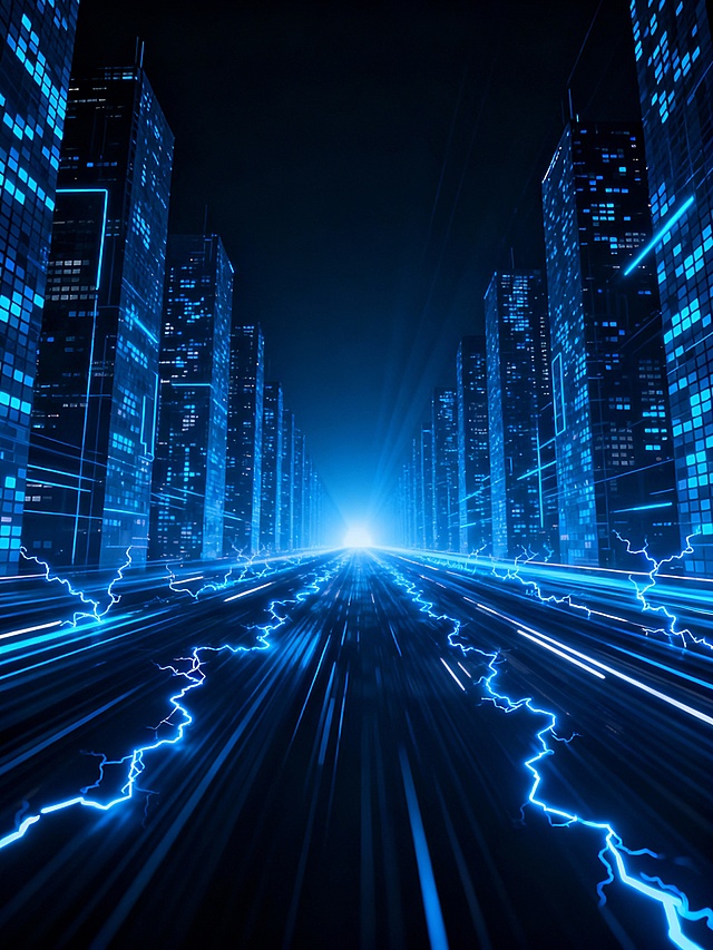 深邃幽暗的数字空间中，由无数蓝色发光像素和线条构成的高耸建筑林立两侧，形成充满未来感的隧道般纵深构图，光线从远方中央明亮处向四周辐射，营造出强烈的科技感和速度感，建筑边缘和光线轨迹上点缀着闪烁的电流状蓝色电光，呈现出细微的跳跃和流动效果，整体色调以深蓝和亮蓝为主，光影对比鲜明，充满神秘而先进的数字科技氛围。
