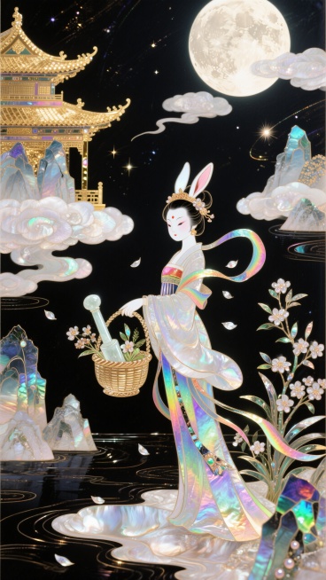 国潮，极繁主义，玉兔版嫦娥（保留嫦娥身形与服饰，头生兔耳）手提桂花篮在月海畔漫步，篮中盛满捣好的药草与桂花，身旁是漂浮的玉杵，身后广寒宫的飞檐闪着金光，周身环绕发光的仙草与飘落的桂花瓣，背景是层叠的云预览效果
