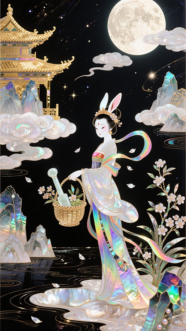 国潮，极繁主义，玉兔版嫦娥（保留嫦娥身形与服饰，头生兔耳）手提桂花篮在月海畔漫步，篮中盛满捣好的药草与桂花，身旁是漂浮的玉杵，身后广寒宫的飞檐闪着金光，周身环绕发光的仙草与飘落的桂花瓣，背景是层叠的云海、嶙峋的月中山石与星河流转的幻境，迷幻，意识流，黑色背景。​