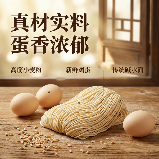 [主图 2 核心卖点与溯源] 老字号全蛋面原料溯源主图，传统复古国风风格。一捆新鲜全蛋面摆放在原木操作台上，周围散落着3个完整带壳新鲜鸡蛋和整粒高筋小麦，展示真材实料。背景是传统中式手工面坊的木窗，阳预览效果