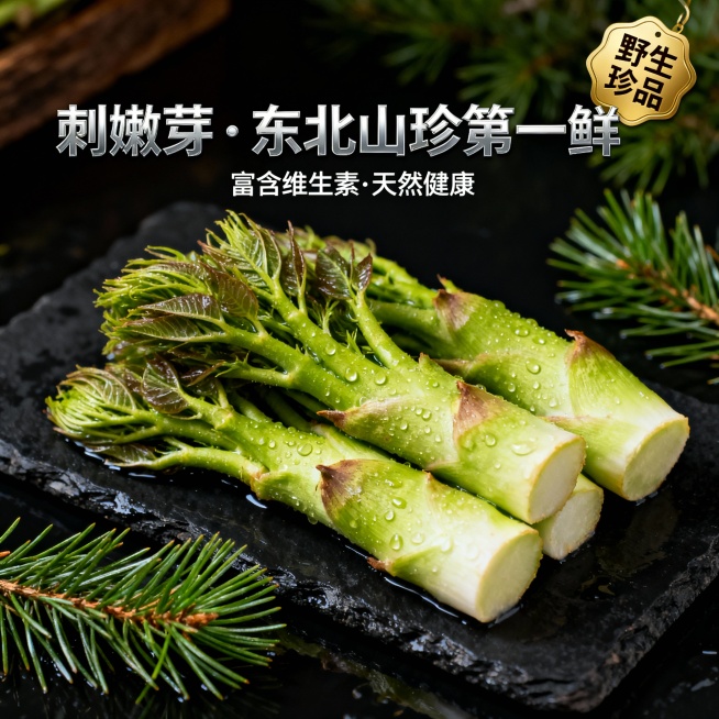 我的产品是东北刺嫩芽山野菜 帮我做20张拼多多高级主图预览效果