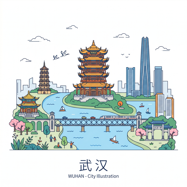 武汉城市插图，背景为纯白色，包含武汉标志性建筑，简约插画风格预览效果