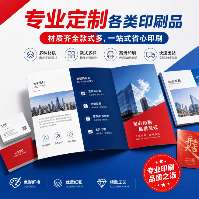 印刷品电商主图，画面核心展示定制印刷成品，配主文案'专业定制各类印刷品，材质齐全款式多，一站式省心印刷'，整体风格简洁商务吸睛，适合电商平台展示，红色蓝色搭配，整体比例1:1预览效果