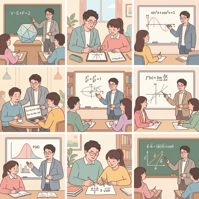 帮我生成关于高中数学的九宫格图片，要有老师和学生，老师的脸帮我设计成这张图片的，学生是中国人，场景是教室、家里、办公室、咖啡厅等，帮我生成20张预览效果
