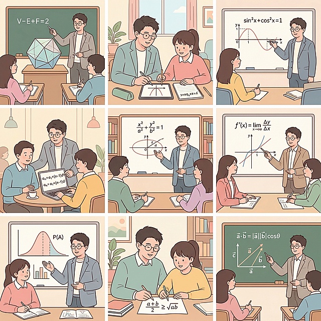 帮我生成关于高中数学的九宫格图片，要有老师和学生，老师的脸帮我设计成这张图片的，学生是中国人，场景是教室、家里、办公室、咖啡厅等，帮我生成20张