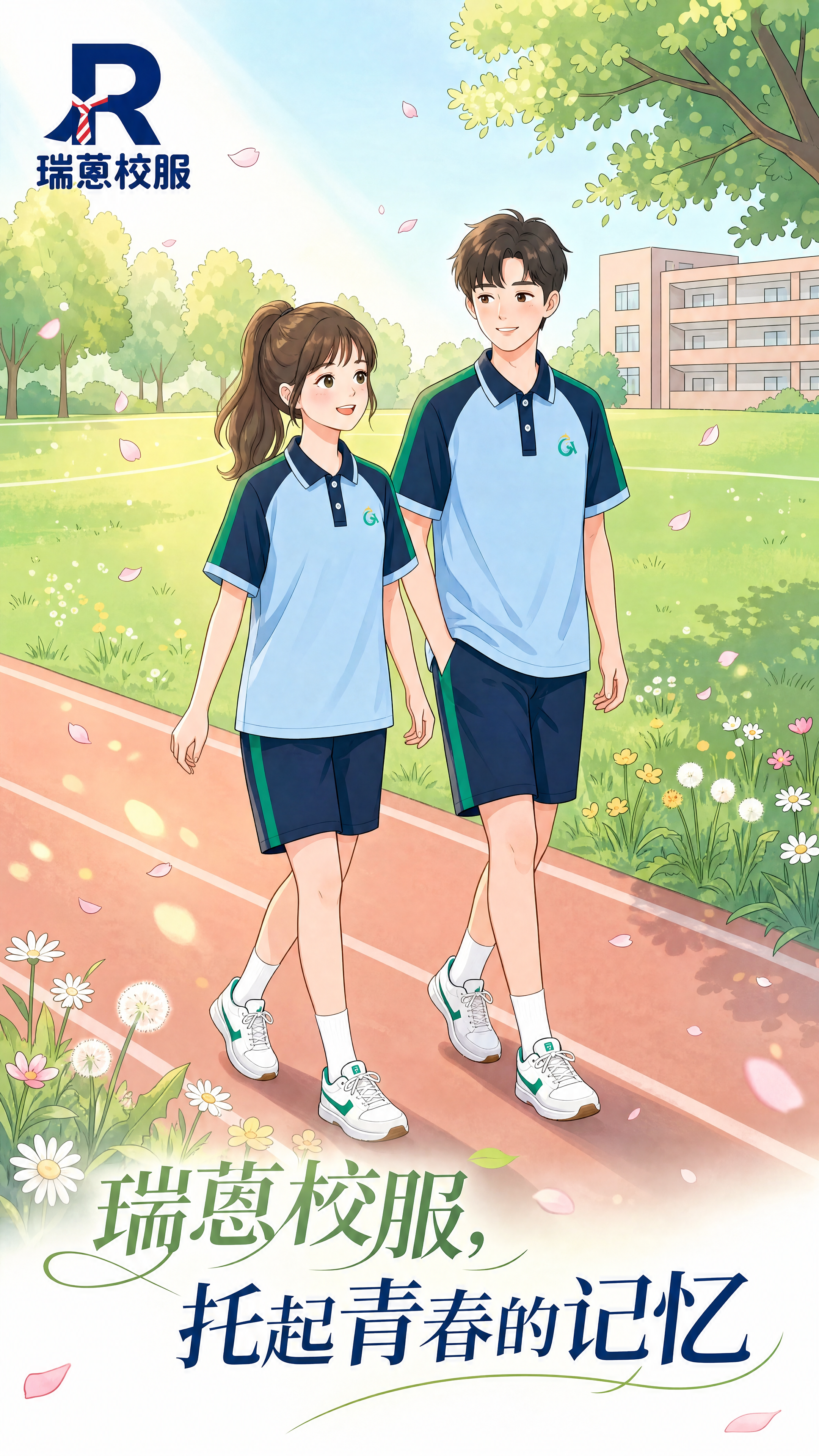 以第一张图的校园操场为背景，保持插画风格和人物行走姿势不变，将… - 图片创意预览