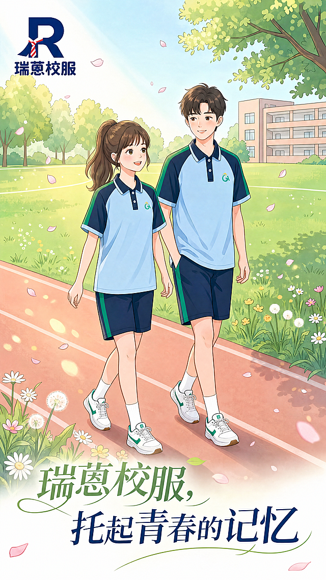 以第一张图的校园操场为背景，保持插画风格和人物行走姿势不变，将人物服装替换为第二张参考图中的校服样式，添加配文"瑞蒽校服，托起青春的记忆"，制作比例为4比9的竖版海报