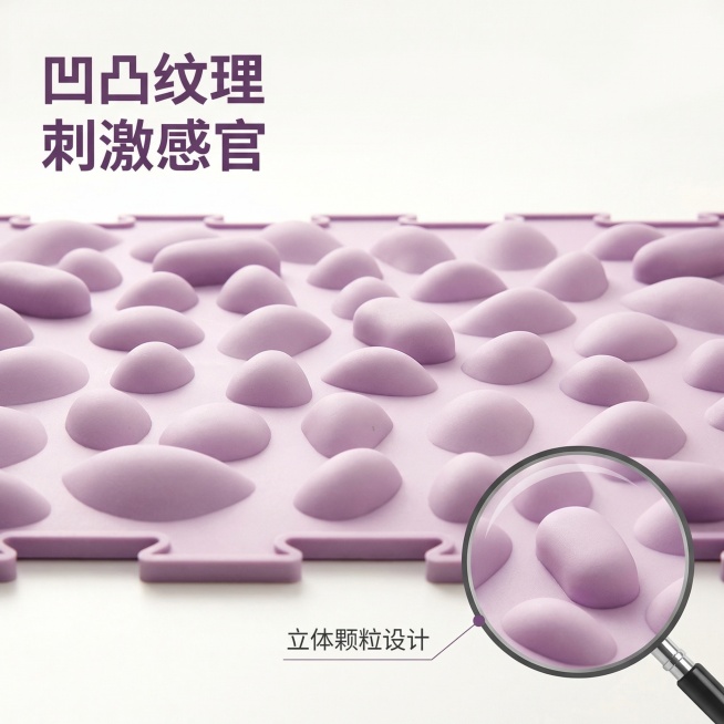 感官训练儿童硅胶拼接垫细节展示主图，展示产品表面鹅卵石纹理细节，保持产品外观与原图一致，保持清新治愈亲子家居风格，明亮侧逆光，纯净暖白背景，微距特写展示产品表面凹凸纹理，突出硅胶材质的细腻质感。整体光预览效果