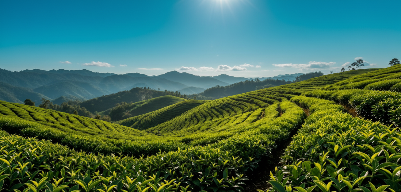 大幅茶园茶山景色，中午太阳高照，少许白云在远处，图像输出长250cm，高约120CM预览效果