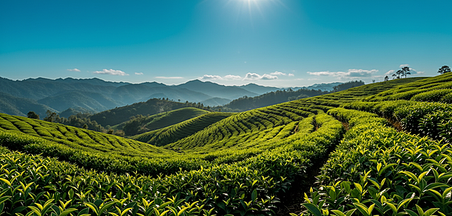 大幅茶园茶山景色，中午太阳高照，少许白云在远处，图像输出长250cm，高约120CM