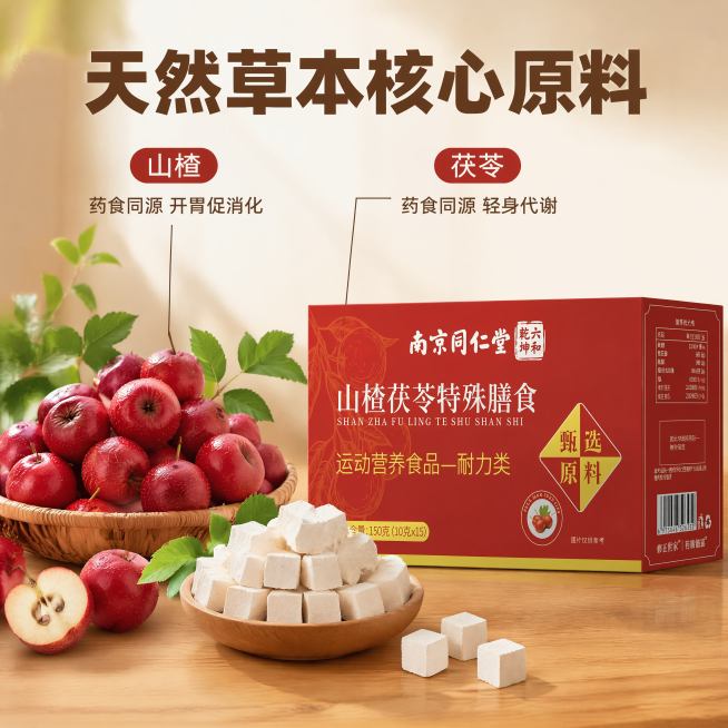 [主图-2] 核心原料展示主图，保持产品包装盒外观与输入产品图一致，产品放置右侧，左侧摆放真实清晰的山楂鲜果和茯苓块原料，天然浅木桌面背景。商业摄影质感，自然暖光，清晰通透，画面干净。主色调红色原木色预览效果