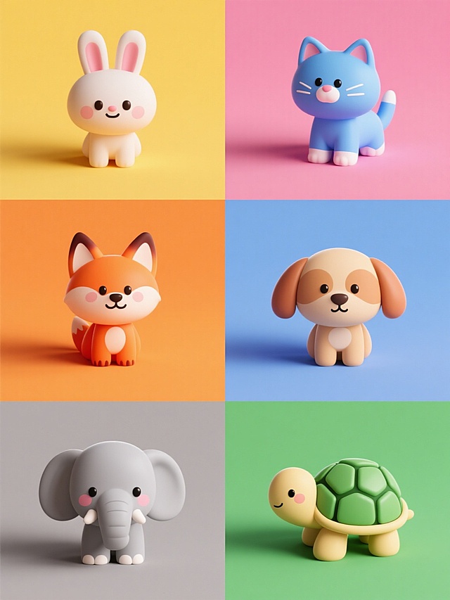 六个不同色彩纯色背景的系列素材集合，每个背景上规整排布着一个卡通动物，保持原图像的简约3D立体风格、光滑细腻的材质表现、柔和的光影过渡和清晰的边缘处理，整体呈现清新明快的氛围。从左到右、从上到下分别是：粉色背景上的卡通兔子，黄色背景上的卡通猫咪，蓝色背景上的卡通小狗，橙色背景上的卡通狐狸，灰色背景上的卡通大象，绿色背景上的卡通乌龟。所有动物造型均为圆润可爱的设计，线条简洁流畅，细节精致，色彩饱和且和谐，具有统一的视觉美感和设计感，整体布局平衡对称，信息传达清晰直接。