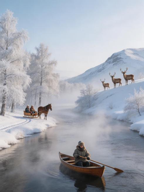 冬日雾凇漂流场景，河道两岸的树木挂满了洁白的雾凇，水面氤氲着雾气，小船漂在水面上，旁边的雪岭里有可爱的麋鹿，马拉爬犁穿梭在挂满雾凇的林海中，充满童话感，写实摄影风格，高清晰度，3:4比例。预览效果