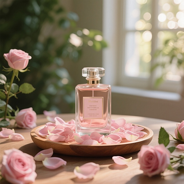 唯美感与浪漫感交织的3D重拟物风香水场景，玻璃瓶身透出柔和光影，玫瑰花瓣环绕，营造清新优雅的实景氛围。