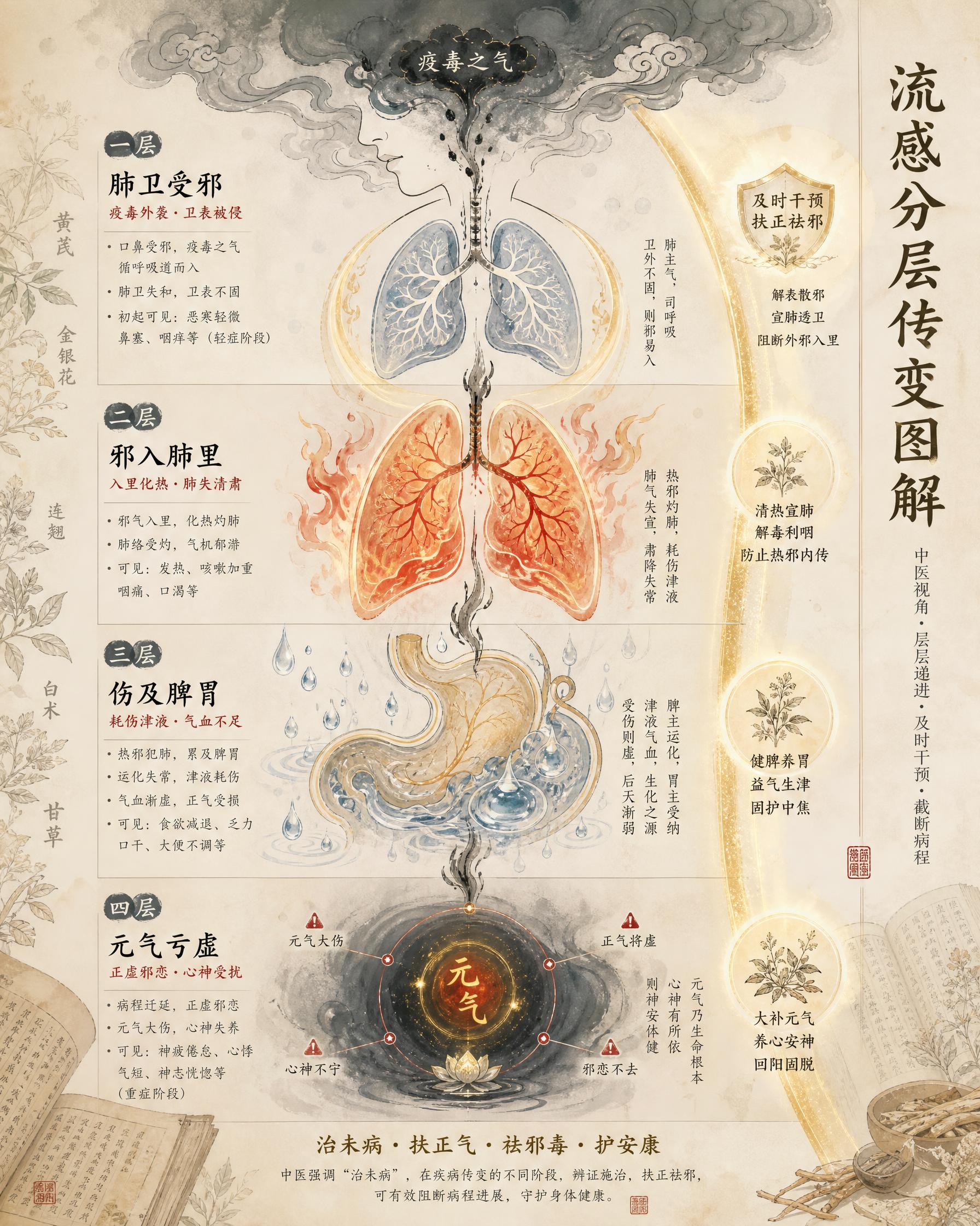 中医视角流感分层传变科普插画，国风水墨养生风格，画面采用纵向分… - 图片创意预览