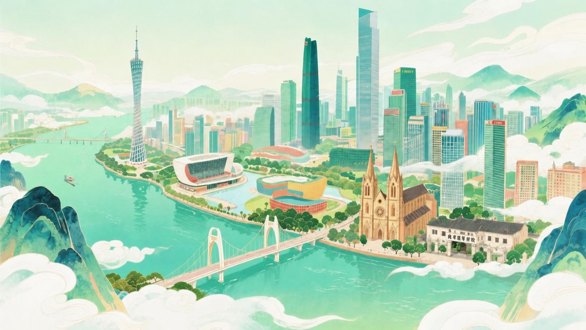 参考原图国潮插画风格，将现有的黄埔军校替换为黄埔军校真实历史建筑的正确样式，保留珠江、广州塔、猎德大桥等所有原有景观，保持青绿色中式国风整体色调不变预览效果