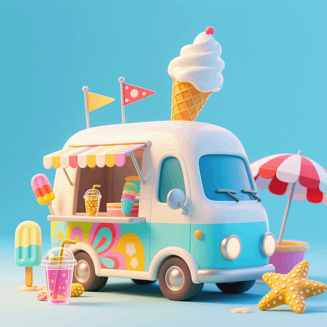 一辆冰淇淋车，周围有冰棒、饮料、海星、遮阳伞等元素做装饰，撞色，淡蓝色背景
