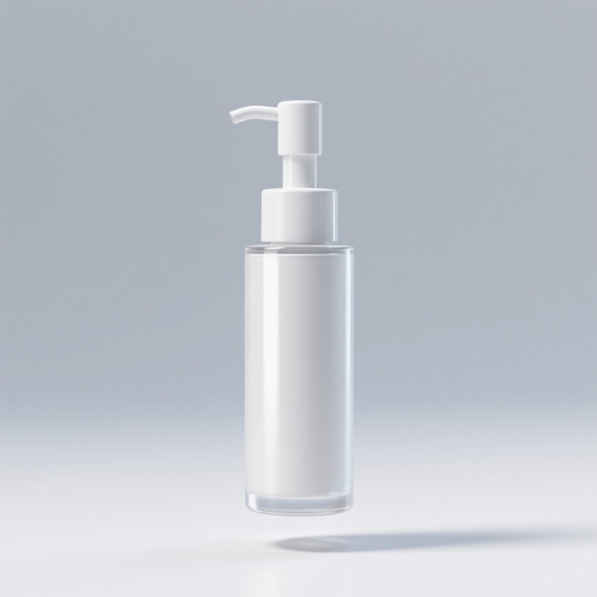一个护肤品瓶子的产品展示图，采用高清晰度的3D渲染风格，瓶身呈圆柱形，顶部有按压泵头，整体造型简约现代，具有光滑的塑料或玻璃质感，表面有细腻的光泽和轻微的反光效果，瓶身底部有淡淡的阴影投射在白色背景上，营造出悬浮感和立体感，整体画面干净整洁，突出产品本身的形态和质感，适合用于化妆品广告或电商产品展示。预览效果
