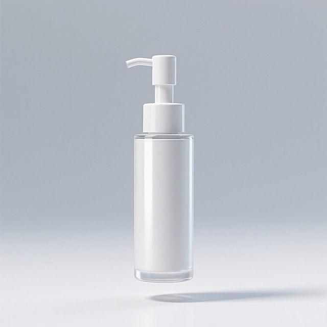 一个护肤品瓶子的产品展示图，采用高清晰度的3D渲染风格，瓶身呈圆柱形，顶部有按压泵头，整体造型简约现代，具有光滑的塑料或玻璃质感，表面有细腻的光泽和轻微的反光效果，瓶身底部有淡淡的阴影投射在白色背景上，营造出悬浮感和立体感，整体画面干净整洁，突出产品本身的形态和质感，适合用于化妆品广告或电商产品展示。