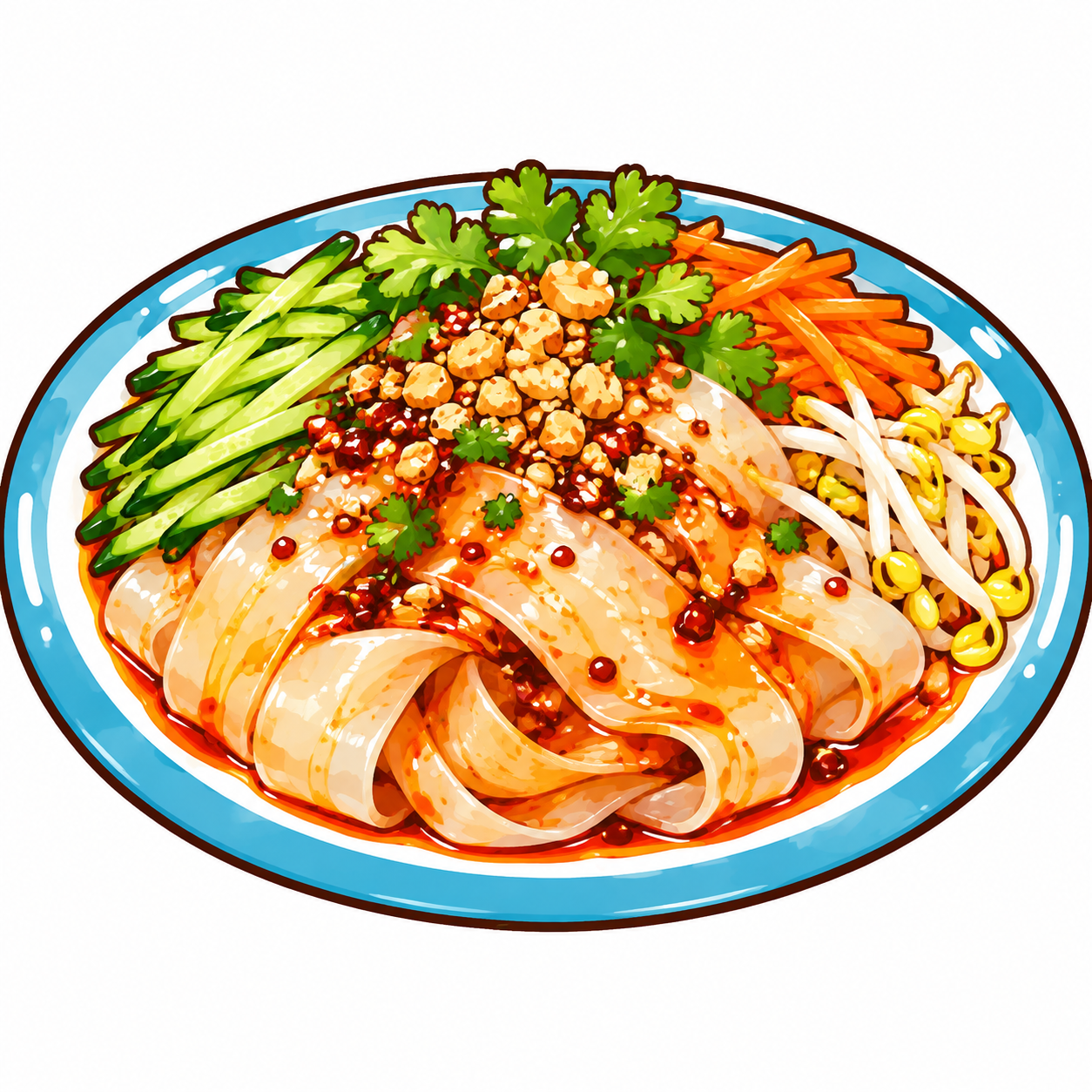 汉中凉皮美食插画，Q版卡通手绘风格，粗黑描边，鲜艳饱满的色彩，… - 图片创意预览