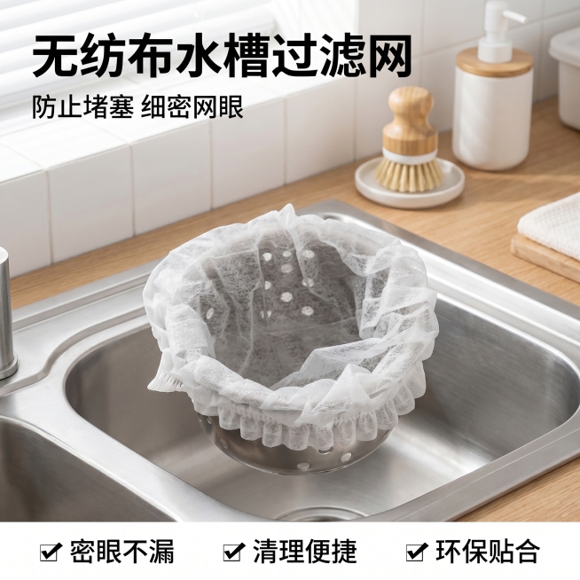 [主图 1] 无纺布水槽过滤网首图，真实厨房水槽使用场景；
[氛围风格] 极简生活场景风，干净明亮整洁的厨房氛围，专业品质感；
[画质] 商业摄影质感、光线柔和通透、产品清晰真实、画面干净高级；
[元预览效果